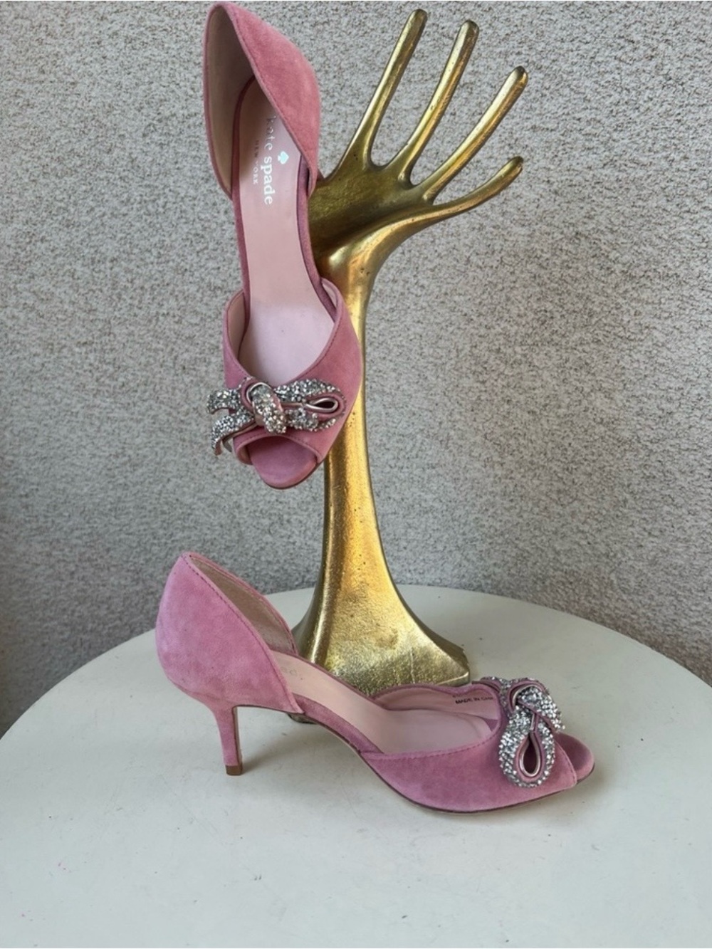 Kate Spade NY SIDNEY pumps shoes open toe pink suede 3” heel silver bows 6M